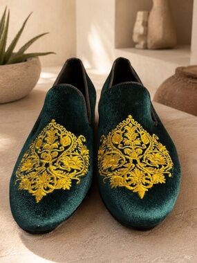 Harpelunde Emerald Green Velvet Embroidered Smoking Slippers Loafers 10 NWOB